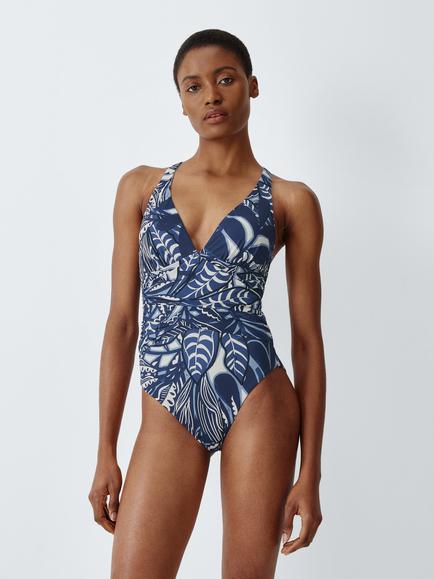 John Lewis Azure Tropic High Apex Crossover Back Swimsuit, Navy, Navy