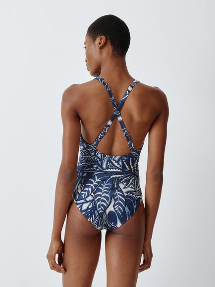 John Lewis Azure Tropic High Apex Crossover Back Swimsuit, Navy - view 2, Navy