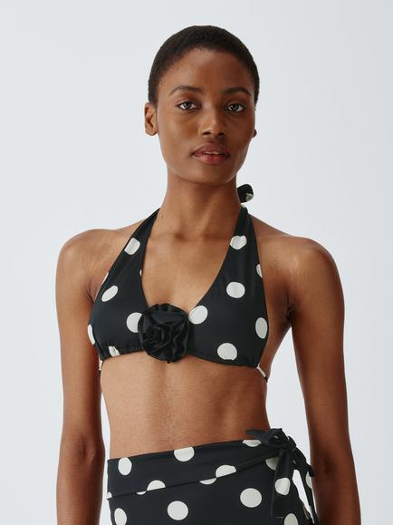 John Lewis Polka Dot Rosette Detail High Apex Bikini Top, Mono Spot, Mono Spot