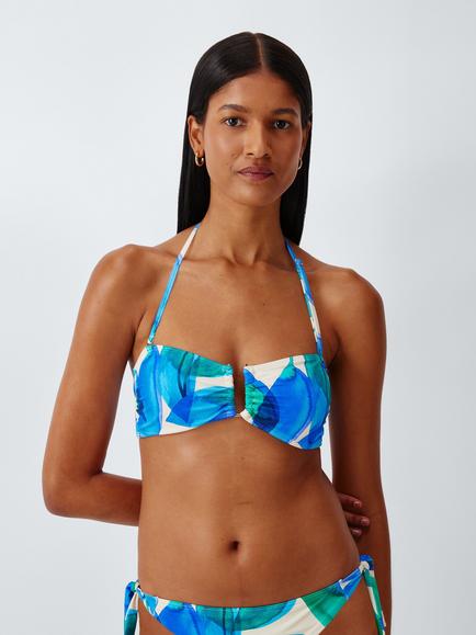 John Lewis Tahiti Leaf Tie Back U-Bar Bandeau Bikini Top, Ivory/Blue Print, Ivory/Blue Print