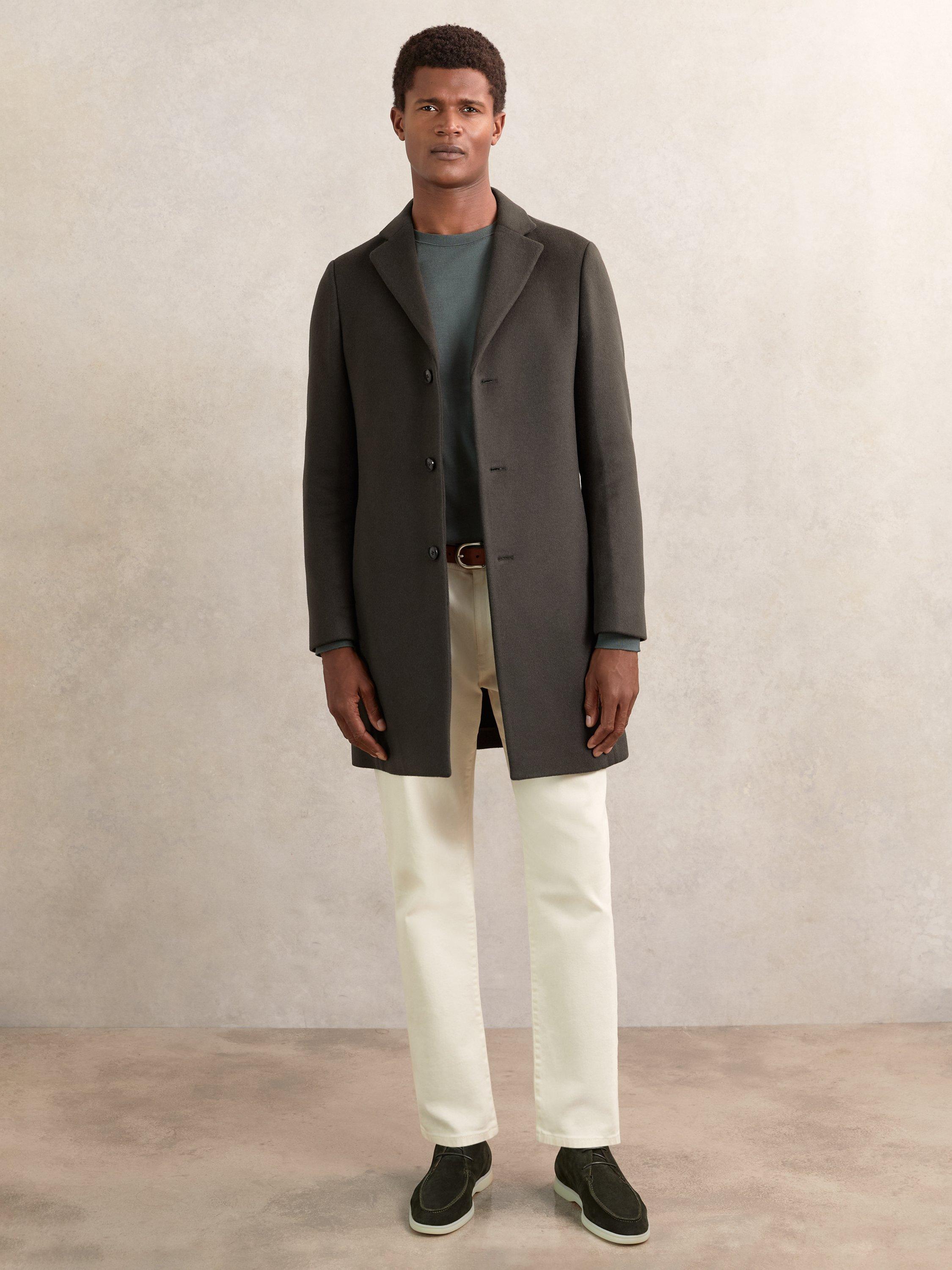 Product image 1 of 5, which shows Reiss Gable Single Breasted Wool Blend Overcoat, Dark Khaki Green, XXL