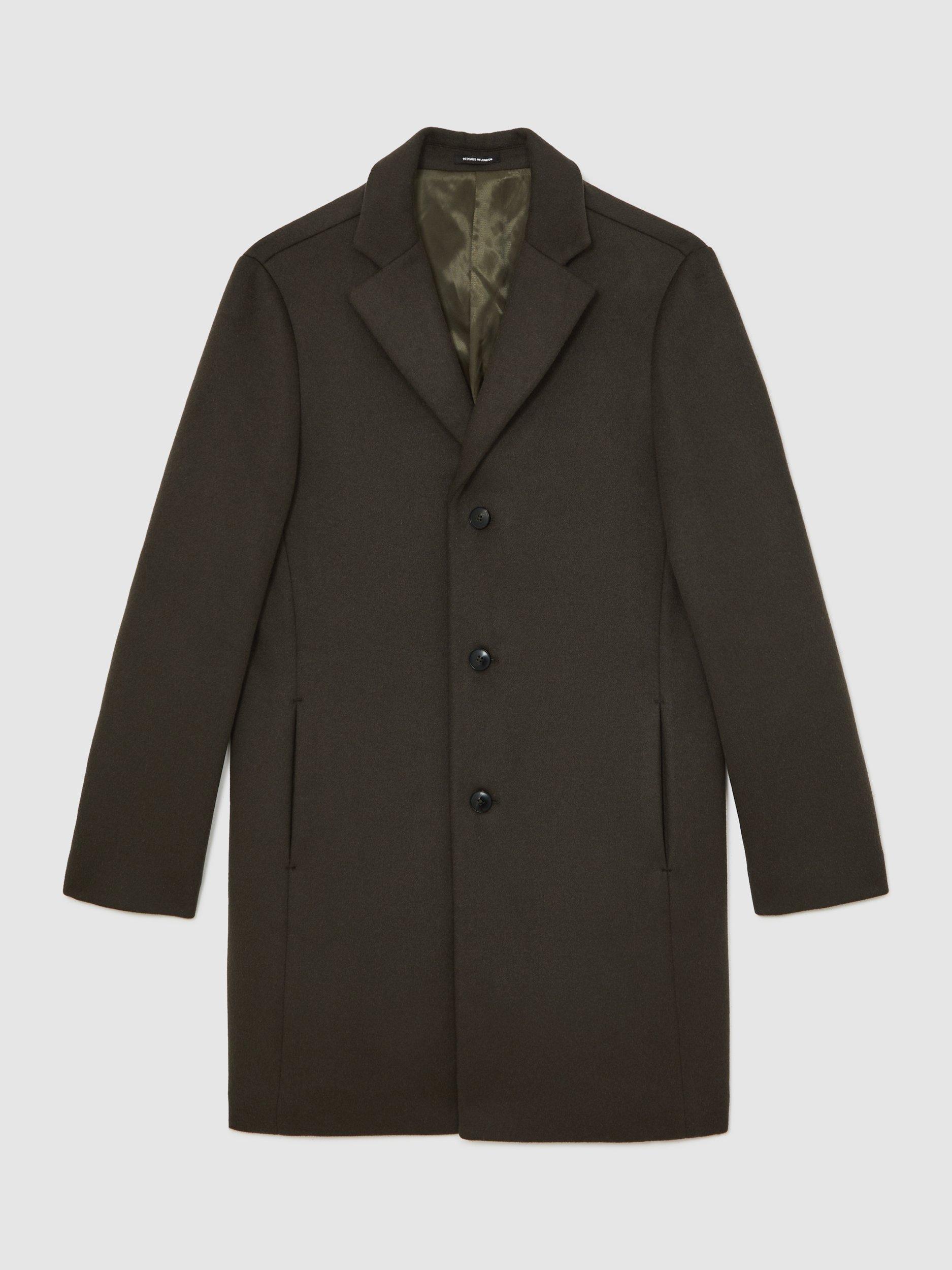 Product image 3 of 5, which shows Reiss Gable Single Breasted Wool Blend Overcoat, Dark Khaki Green, XXL