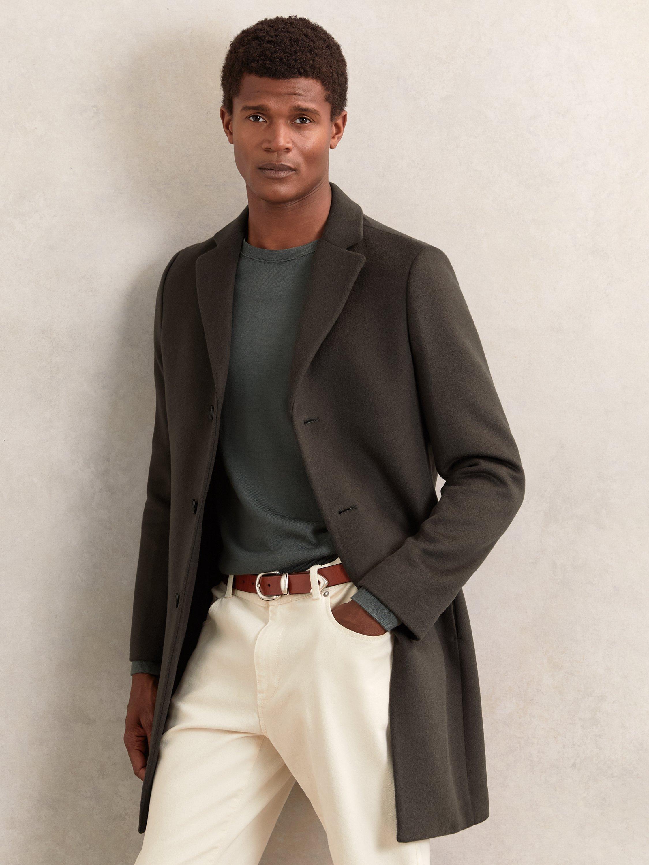 Product image 4 of 5, which shows Reiss Gable Single Breasted Wool Blend Overcoat, Dark Khaki Green, XXL