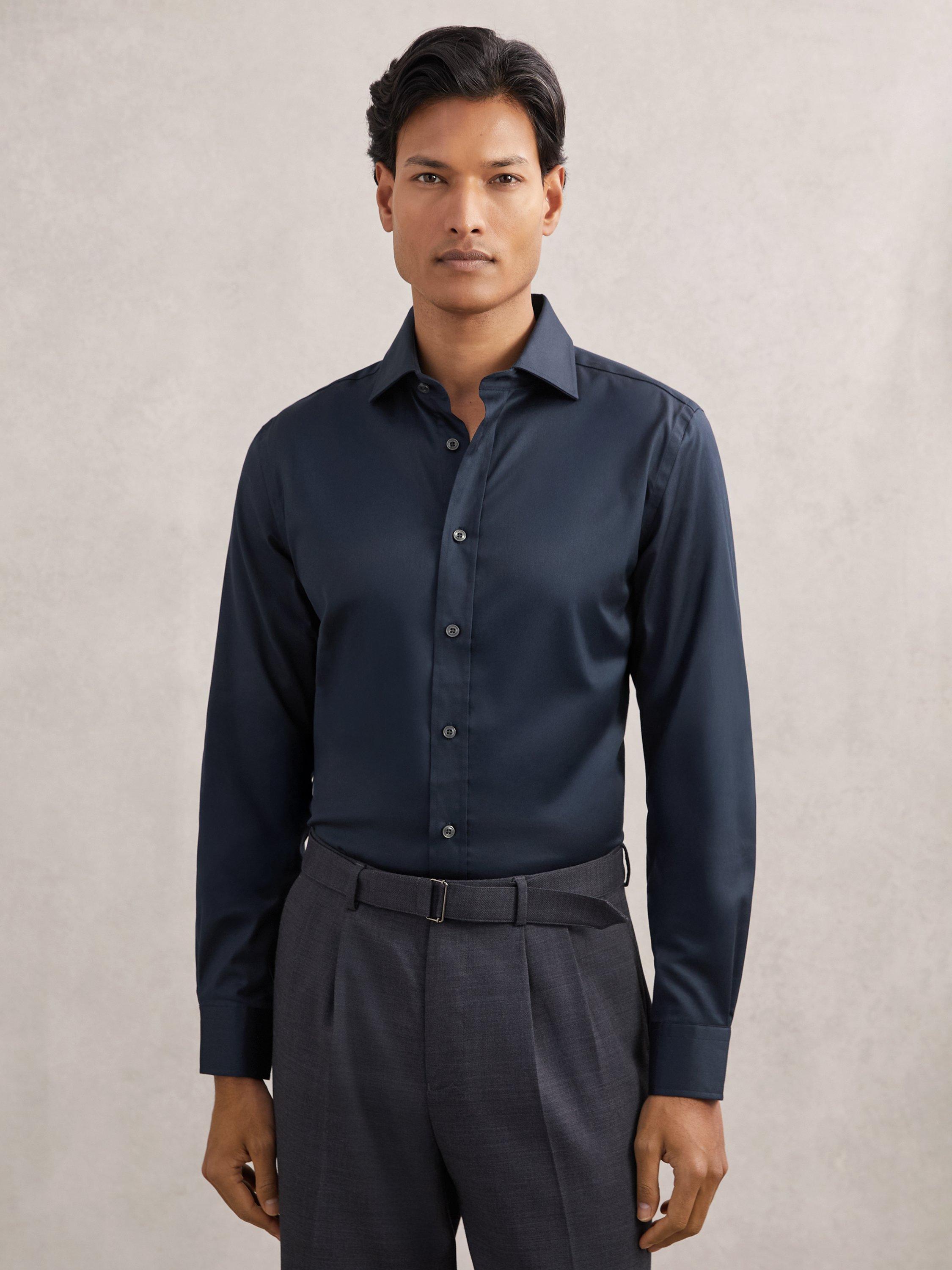 Product image 1 of 5, which shows Reiss Bishopsgate Cotton Blend Shirt, Navy, XS