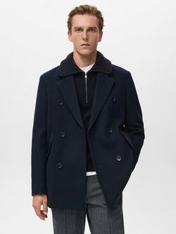 Mango Dave Double-Breasted Wool Blend Coat, Navy