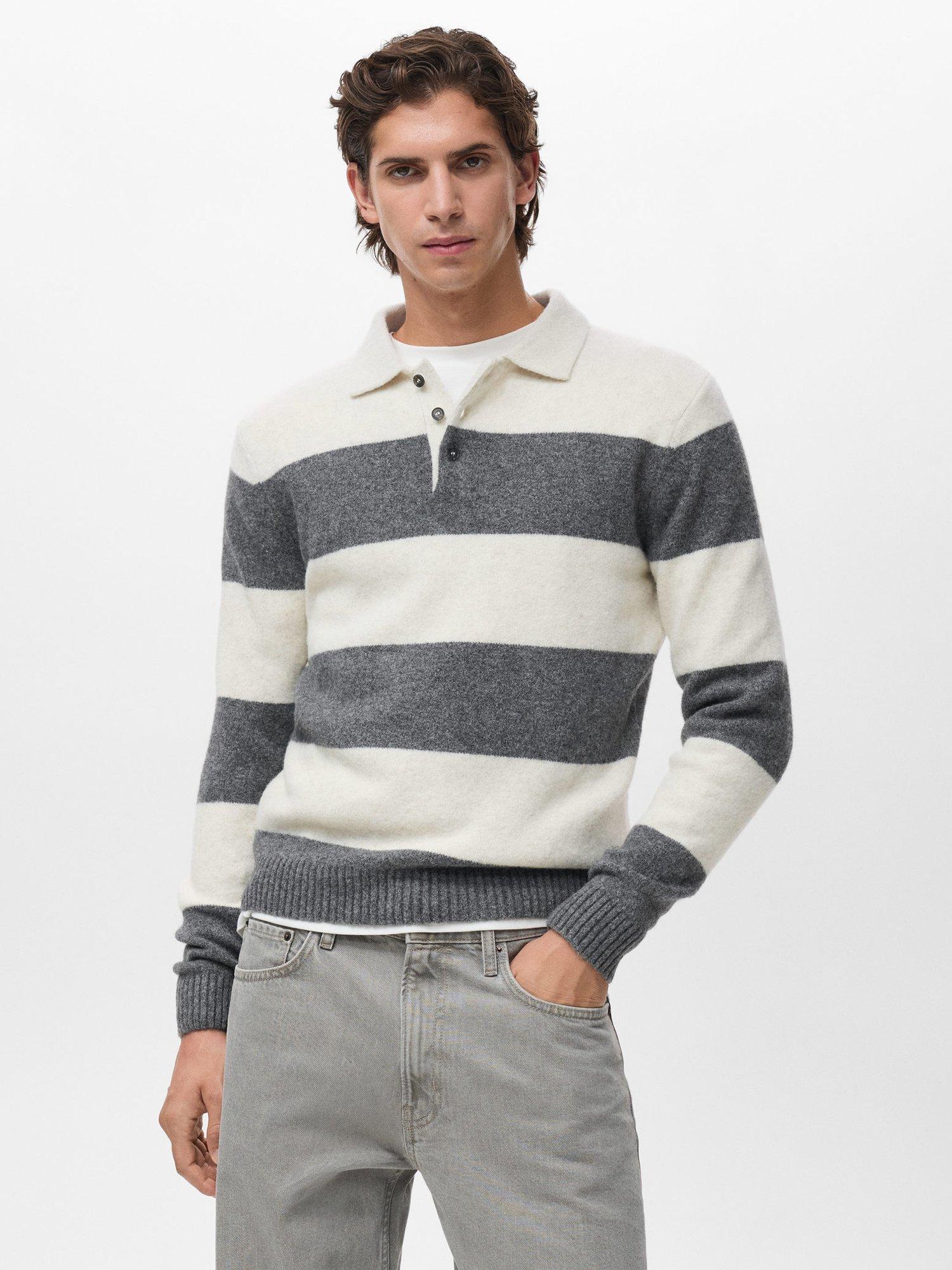 Product image 1 of 8, which shows Mango Lotusr Long Sleeve Striped Polo Jumper, White/Grey, XXL
