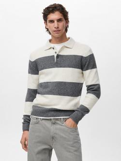 Mango Lotusr Long Sleeve Striped Polo Jumper, White/Grey