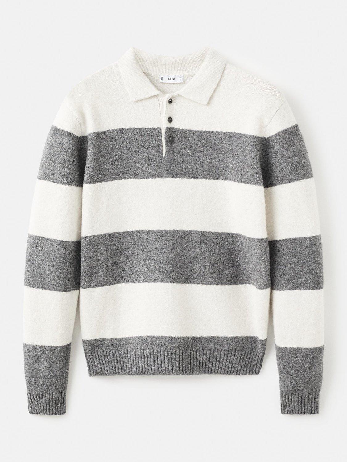 Product image 3 of 8, which shows Mango Lotusr Long Sleeve Striped Polo Jumper, White/Grey, XXL