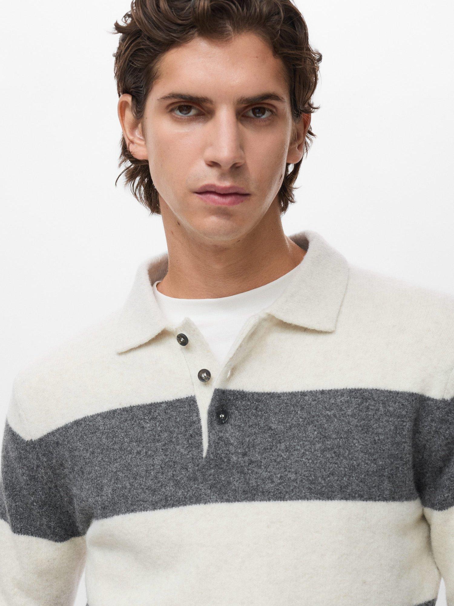 Product image 6 of 8, which shows Mango Lotusr Long Sleeve Striped Polo Jumper, White/Grey, XXL
