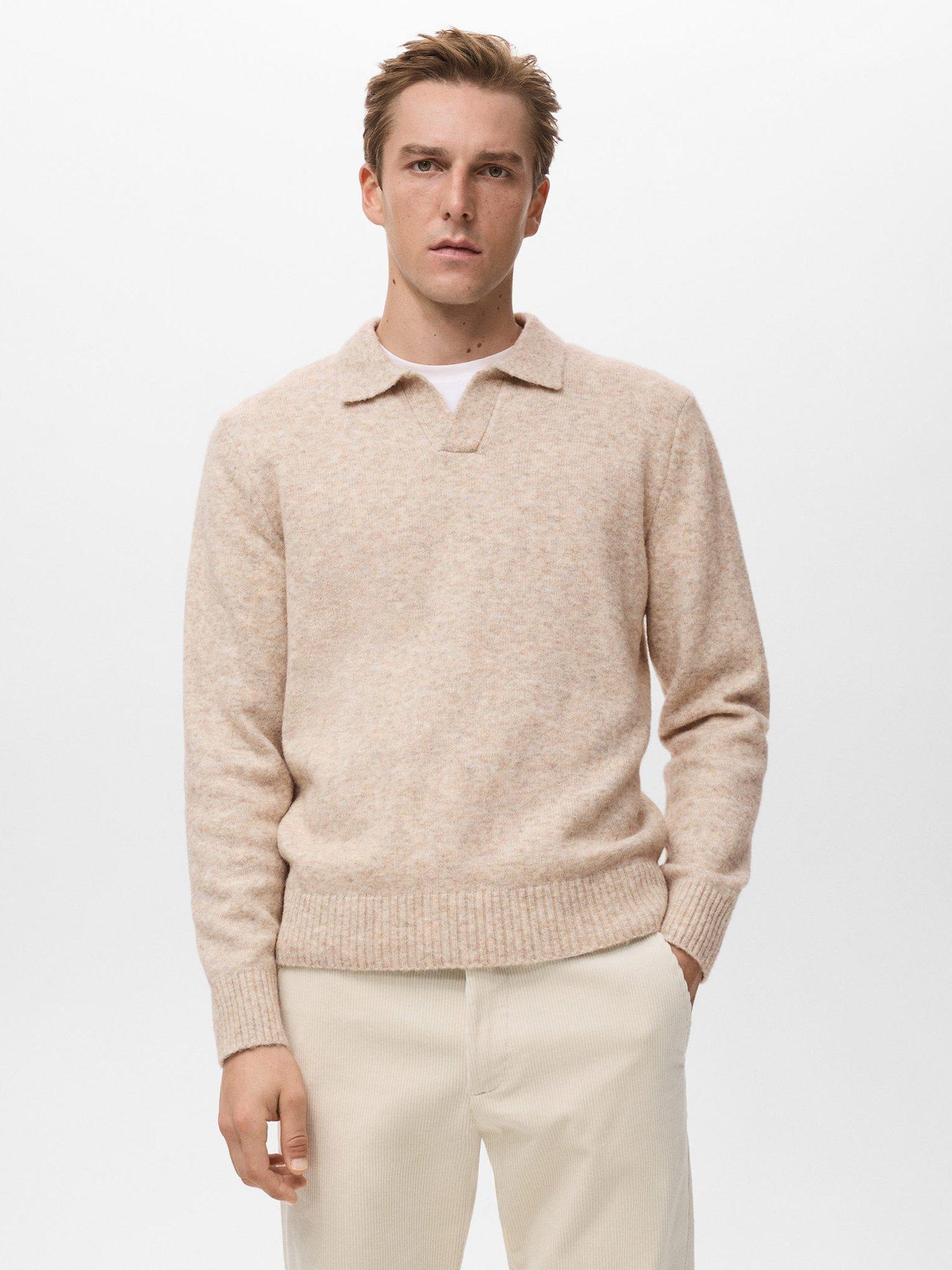 Product image 1 of 8, which shows Mango Oreo Knitted Wool Blend Polo Sweater, Pastel Brown, M