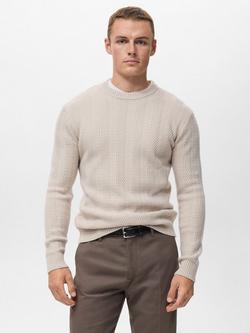 Mango Herringbone Knit Crew Neck Jumper, Light Beige