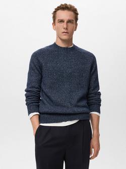 Mango Cris Wool & Cotton Blend Knit Crew Neck Jumper, Navy