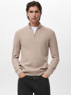 Mango Park Wool Blend Zip Neck Jumper, Pastel Brown