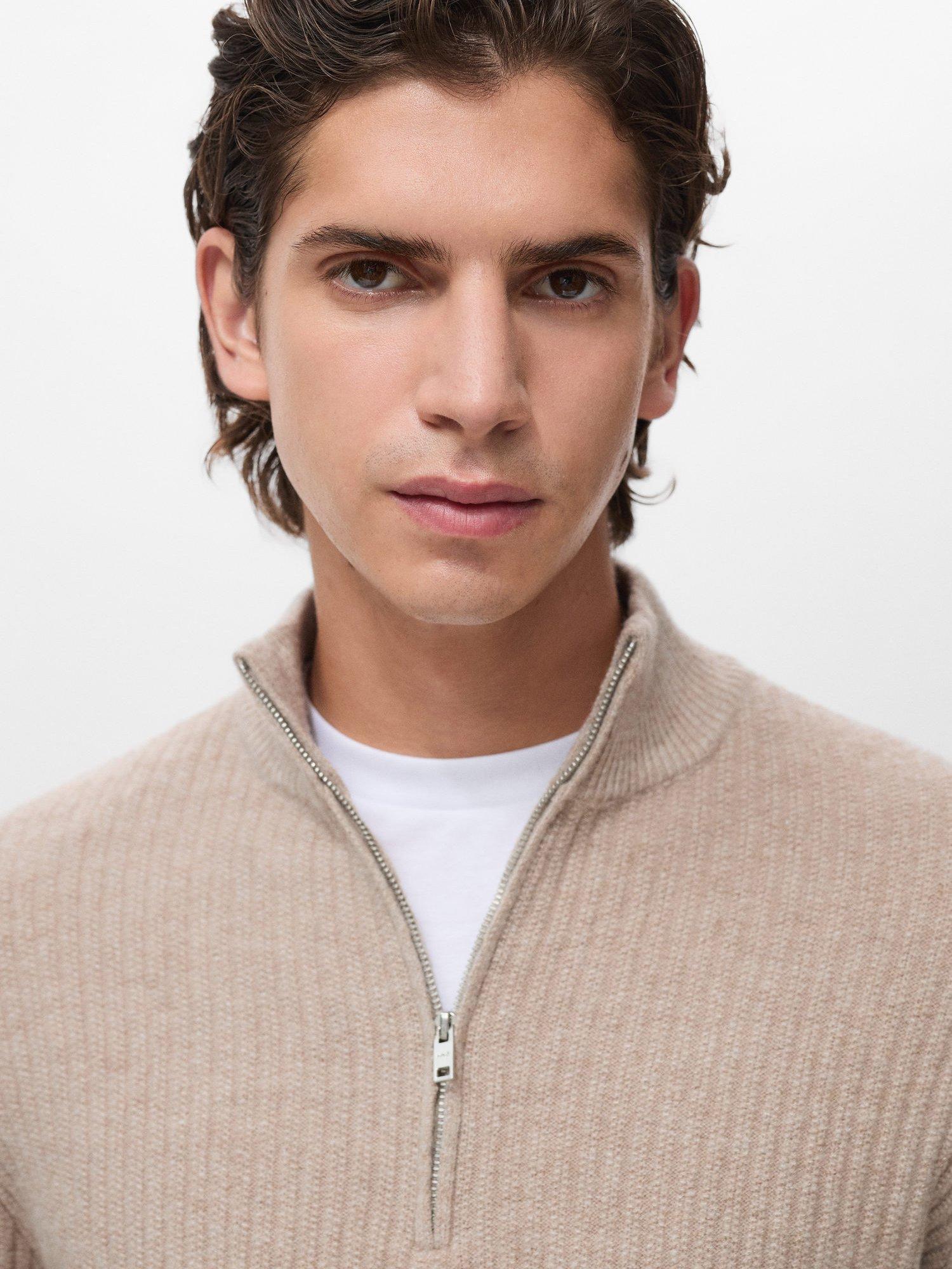 Product image 6 of 8, which shows Mango Park Wool Blend Zip Neck Jumper, Pastel Brown, M