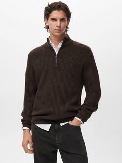 Mango Park Wool Blend Zip Neck Jumper, Brown