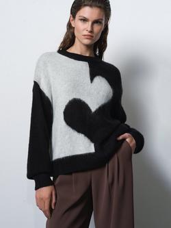 French Connection Hadlee Jessika High Neck Heart Jumper, Black/Winter White, Black/Winter White