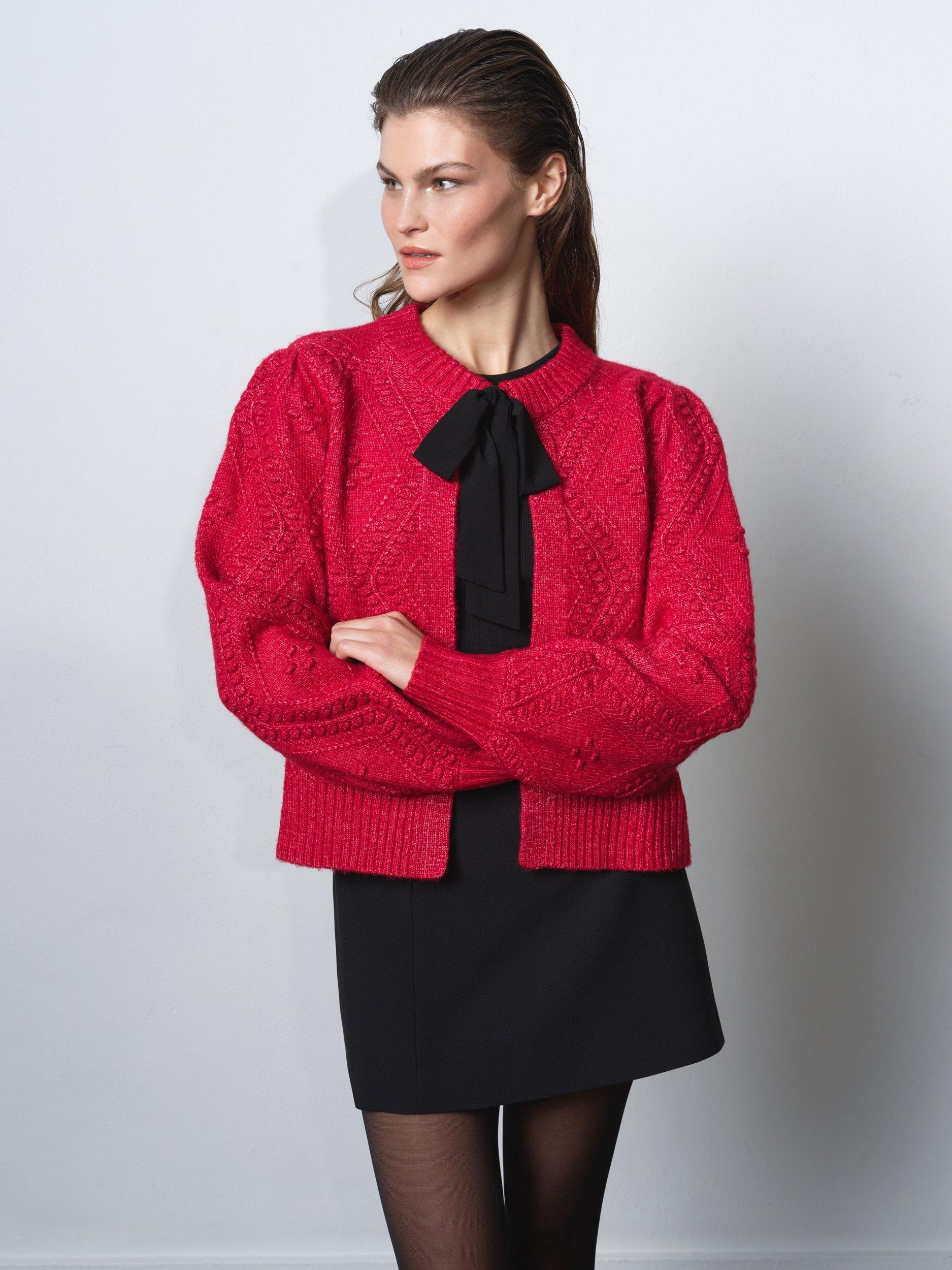 Product image 1 of 6, which shows French Connection Kitty Bobble Bow Cardigan, Lipstick Red/Black, XS