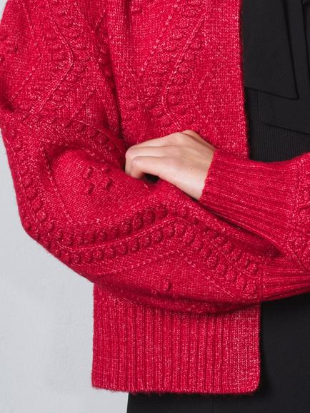 French Connection Kitty Bobble Bow Cardigan, Lipstick Red/Black - view 2, Lipstick Red/Black