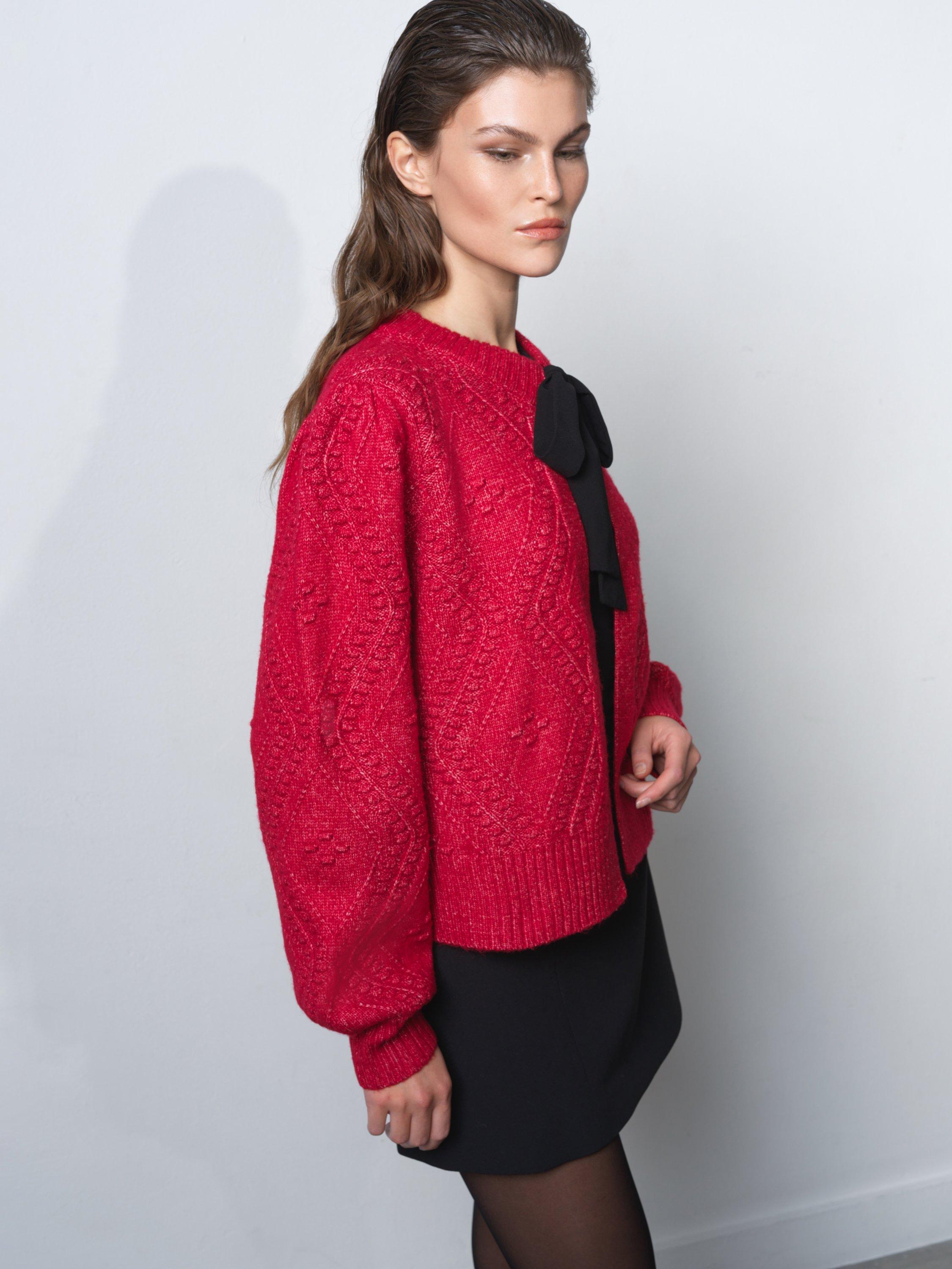 Product image 3 of 6, which shows French Connection Kitty Bobble Bow Cardigan, Lipstick Red/Black, XS