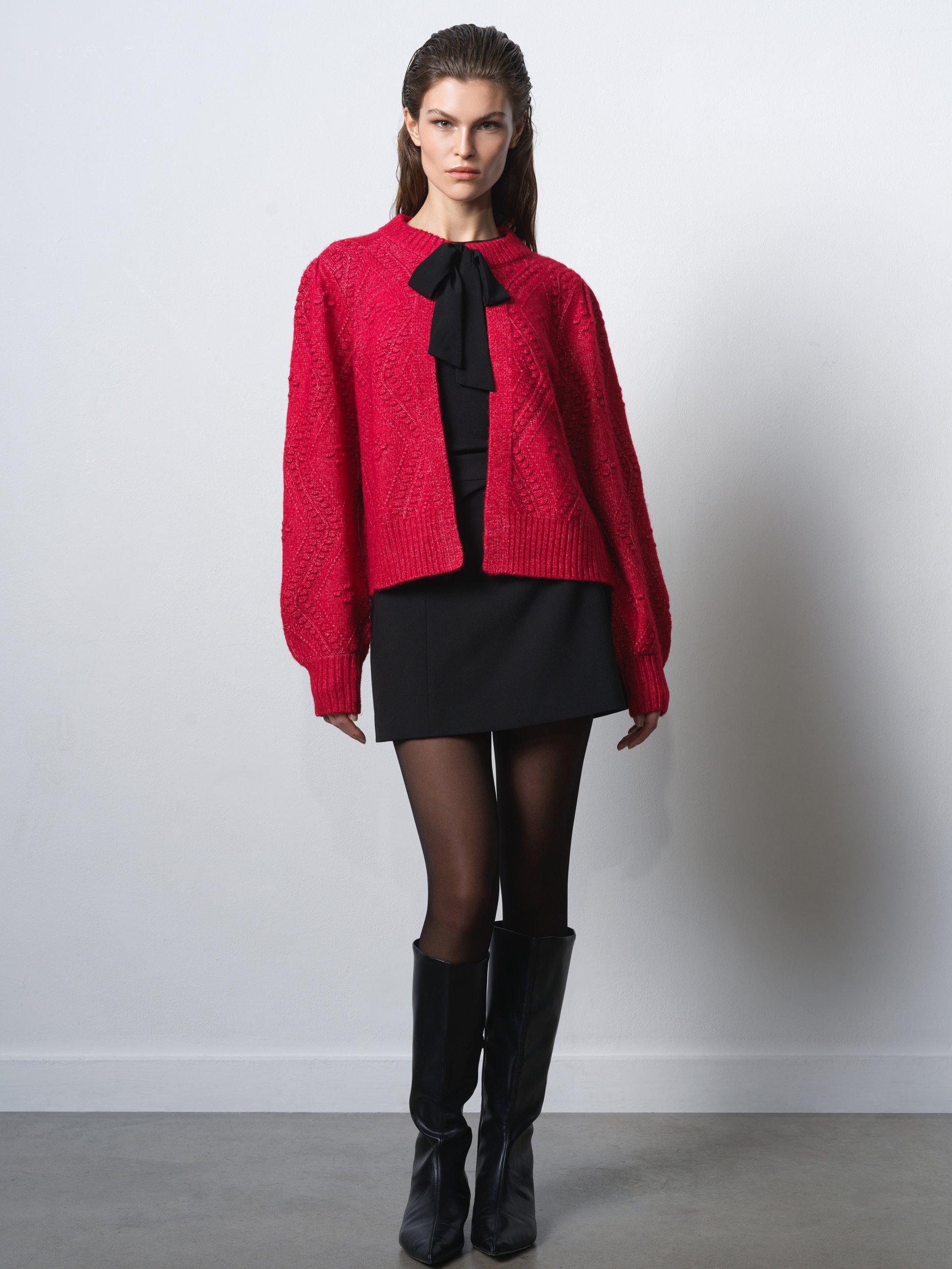 Product image 4 of 6, which shows French Connection Kitty Bobble Bow Cardigan, Lipstick Red/Black, XS