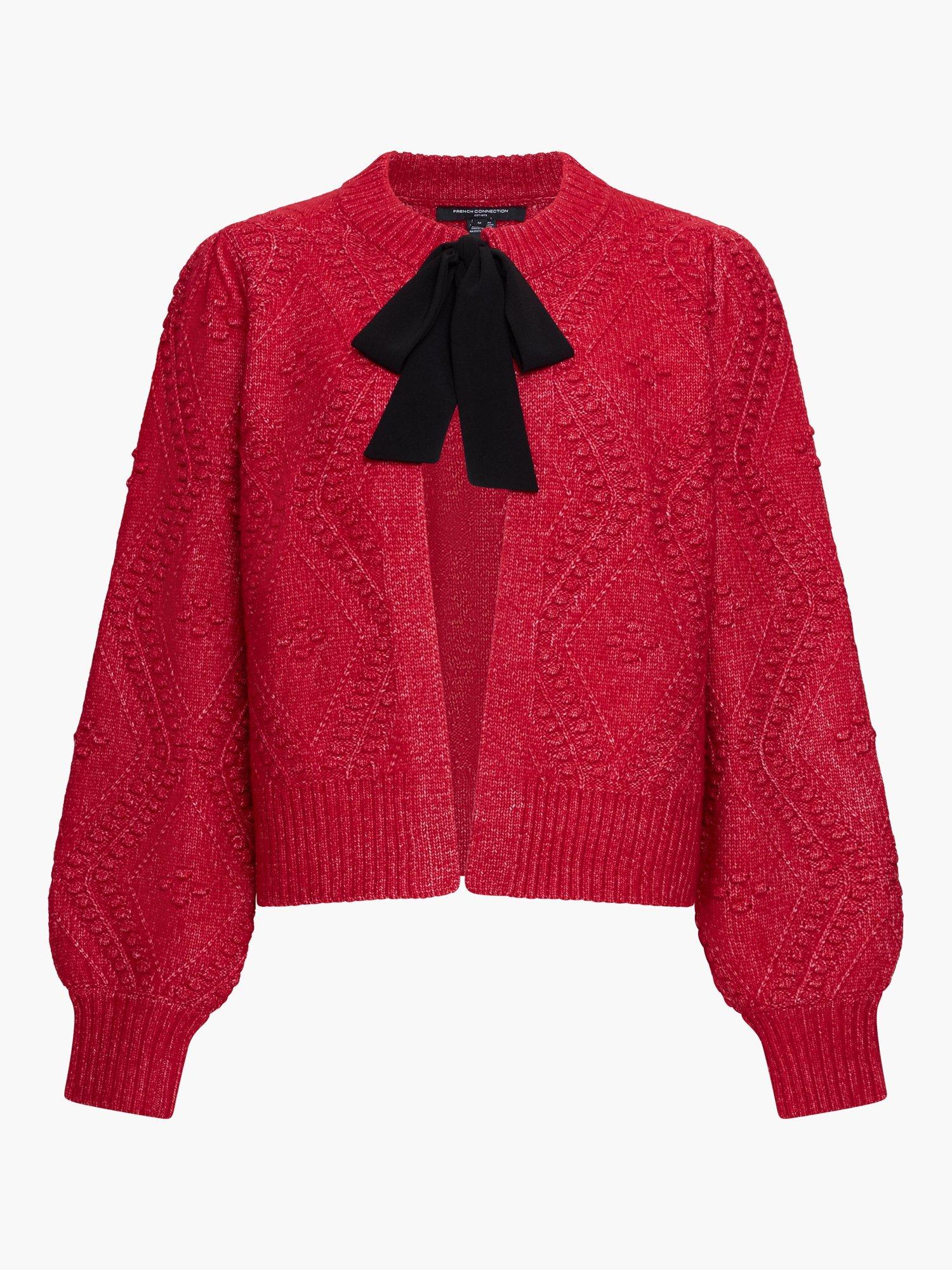 Product image 6 of 6, which shows French Connection Kitty Bobble Bow Cardigan, Lipstick Red/Black, XS