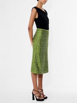 French Connection Elena Sequin Midi Skirt, Winter Olive Green, Winter Olive Green