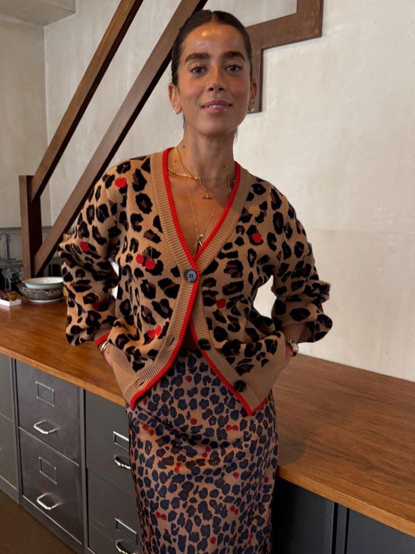 Product image 2 of 3, which shows Never Fully Dressed Cherry Leopard Print V-Neck Cardigan, Brown/Multi, XS