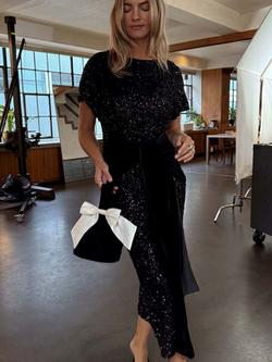 Never Fully Dressed Sequin Bow Midi Dress, Black - view 2, Black