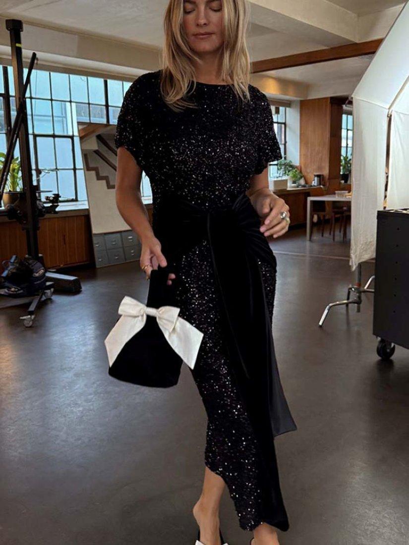 Product image 3 of 4, which shows Never Fully Dressed Sequin Bow Midi Dress, Black, 6