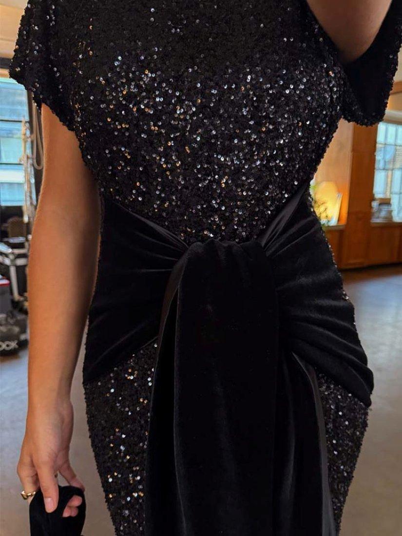 Product image 4 of 4, which shows Never Fully Dressed Sequin Bow Midi Dress, Black, 6
