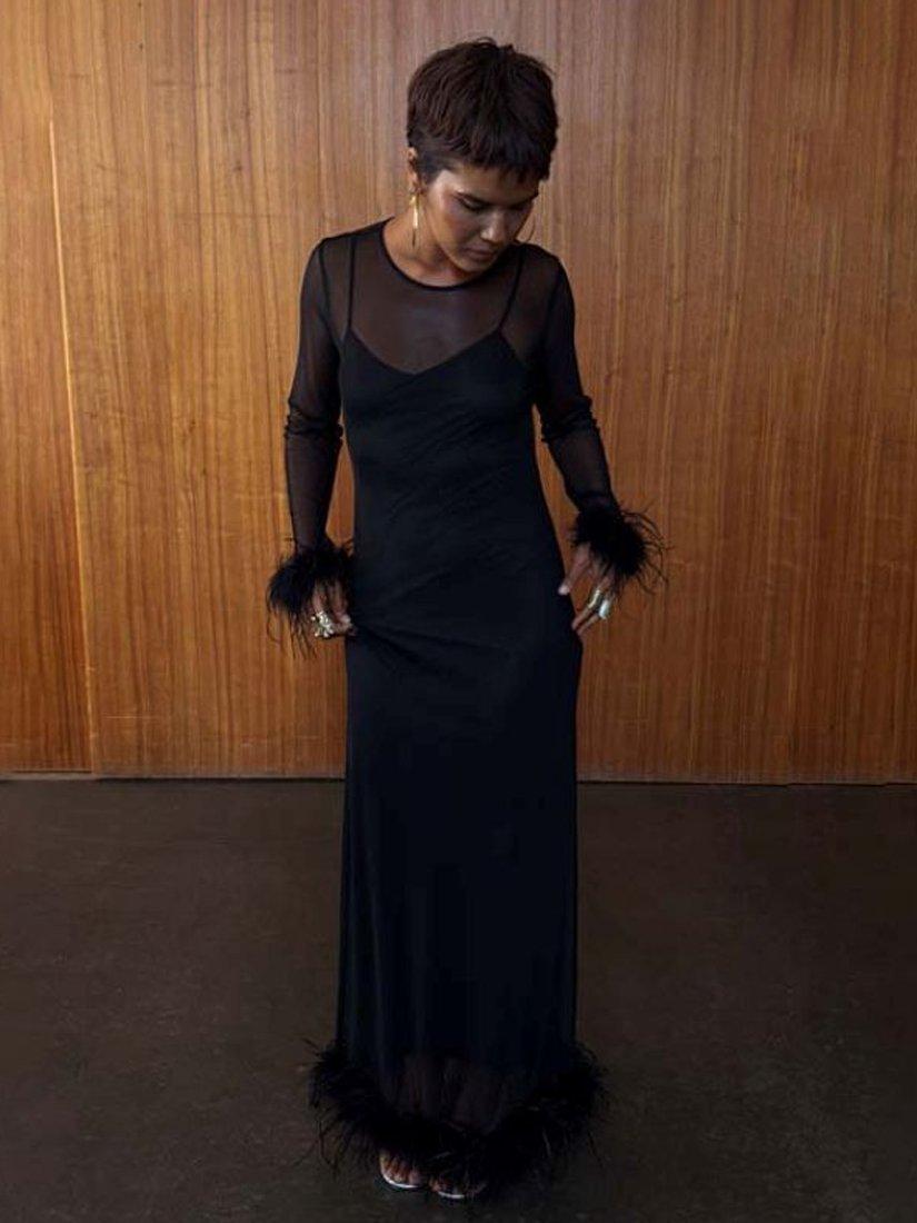 Product image 1 of 4, which shows Never Fully Dressed Mesh Feather Trim Dress, Black, 6