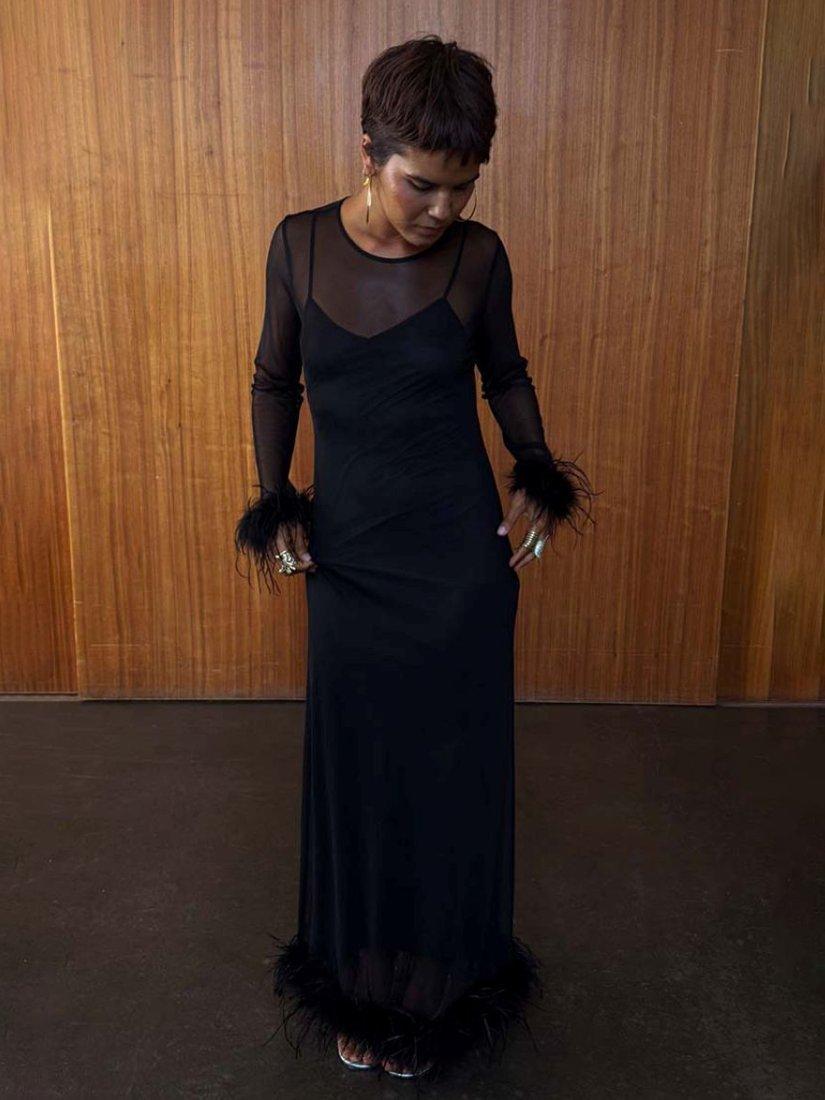 Product image 2 of 4, which shows Never Fully Dressed Mesh Feather Trim Dress, Black, 6