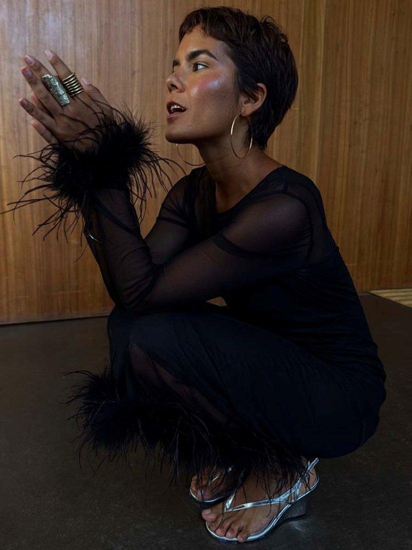 Product image 3 of 4, which shows Never Fully Dressed Mesh Feather Trim Dress, Black, 6