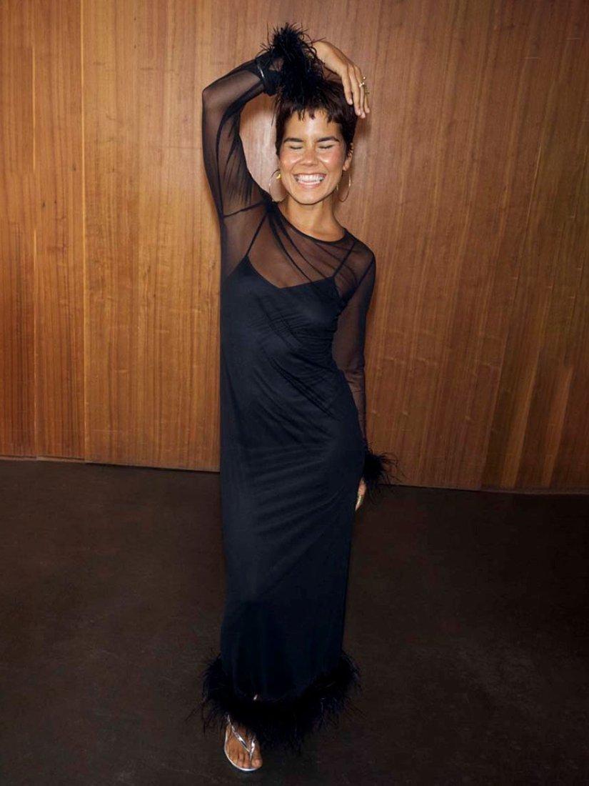 Product image 4 of 4, which shows Never Fully Dressed Mesh Feather Trim Dress, Black, 6