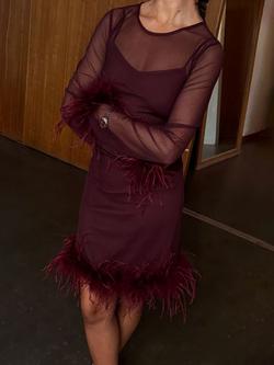 Never Fully Dressed Mesh Feather Mini Dress, Wine, Wine