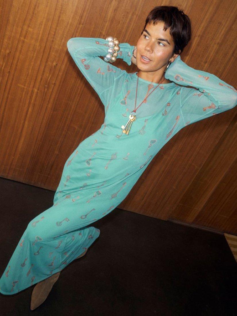 Product image 5 of 5, which shows Never Fully Dressed Mesh Long Sleeved Dress, Turquoise, 6