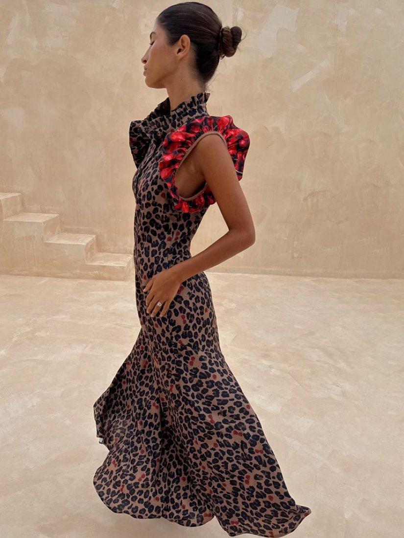 Product image 2 of 7, which shows Never Fully Dressed Remi Cherry Leopard Print Midi Dress, Black Multi Black, 6