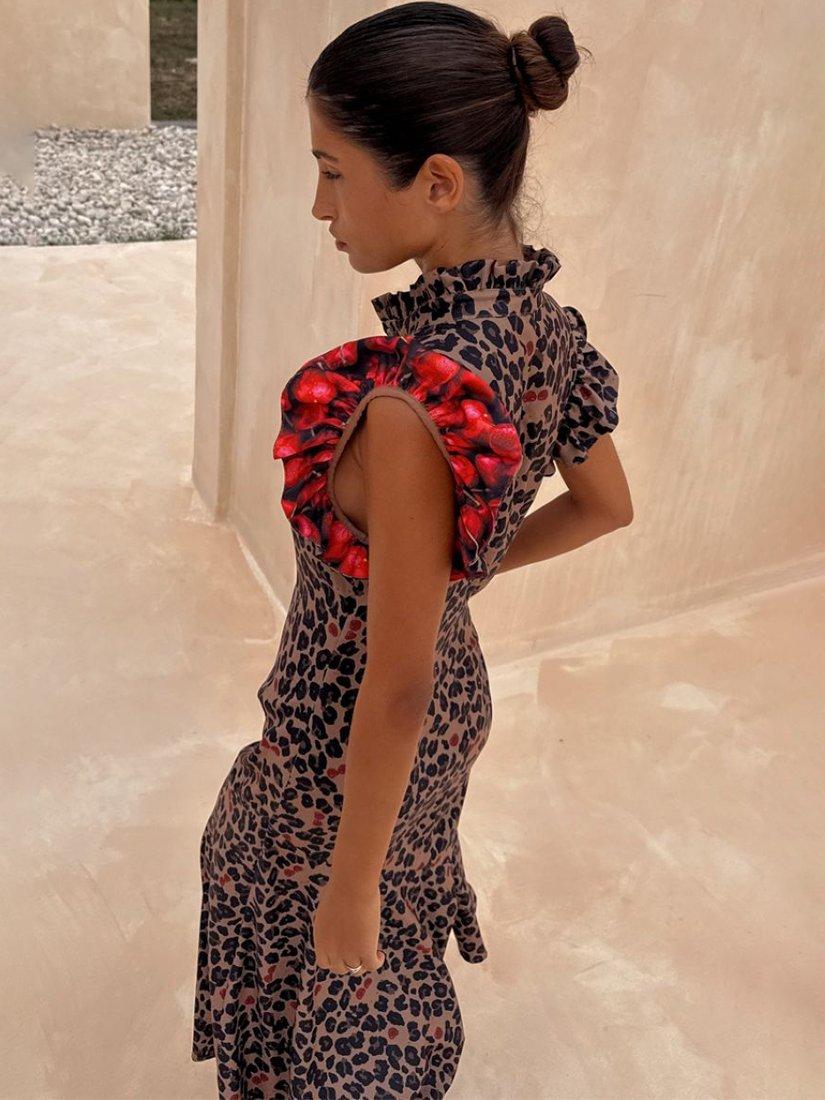 Product image 4 of 7, which shows Never Fully Dressed Remi Cherry Leopard Print Midi Dress, Black Multi Black, 6