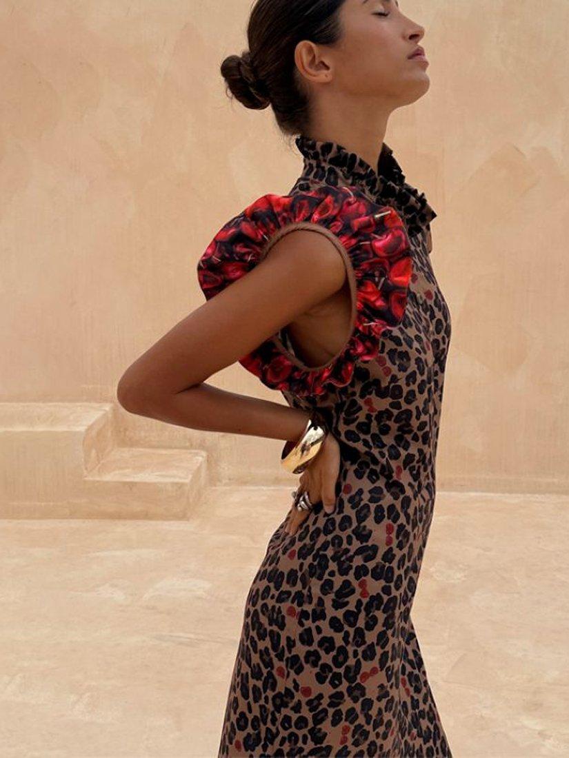 Product image 7 of 7, which shows Never Fully Dressed Remi Cherry Leopard Print Midi Dress, Black Multi Black, 6