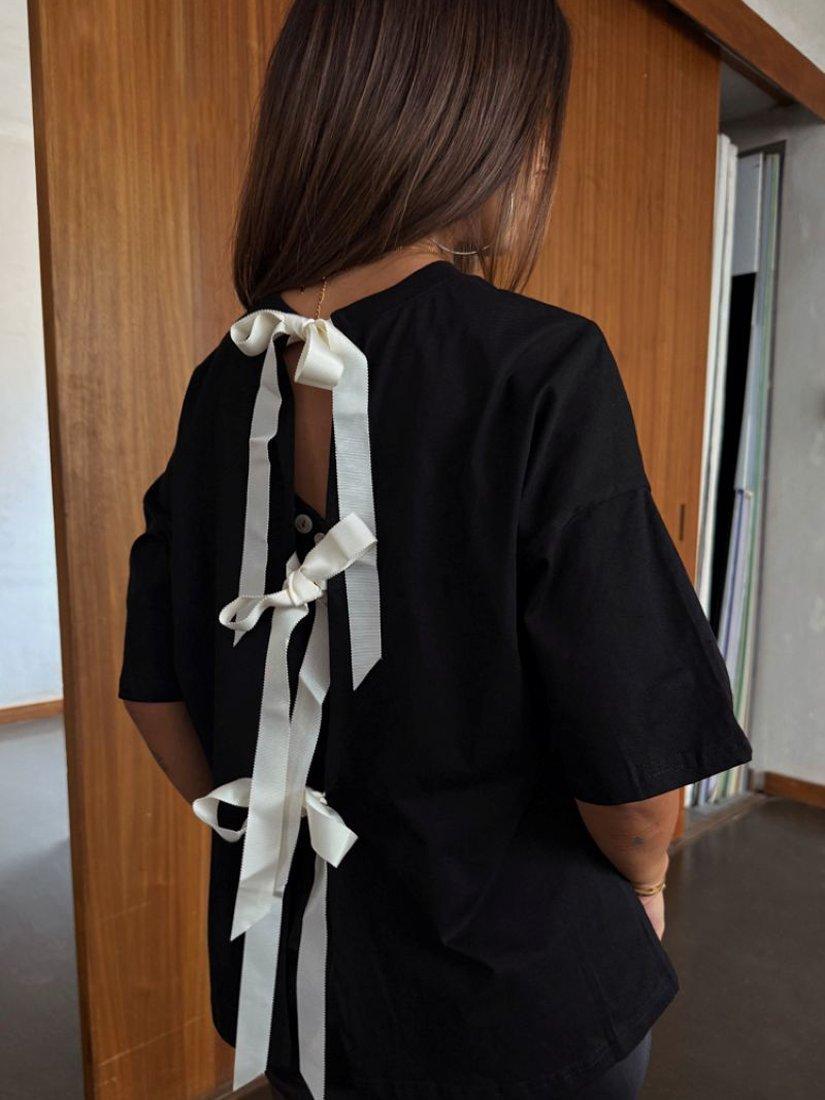 Product image 2 of 4, which shows Never Fully Dressed Bow Back T-Shirt, Black/White, XS