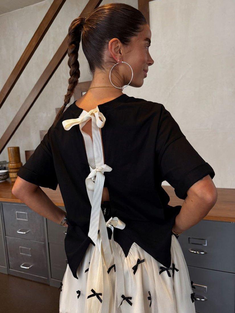 Product image 3 of 4, which shows Never Fully Dressed Bow Back T-Shirt, Black/White, XS