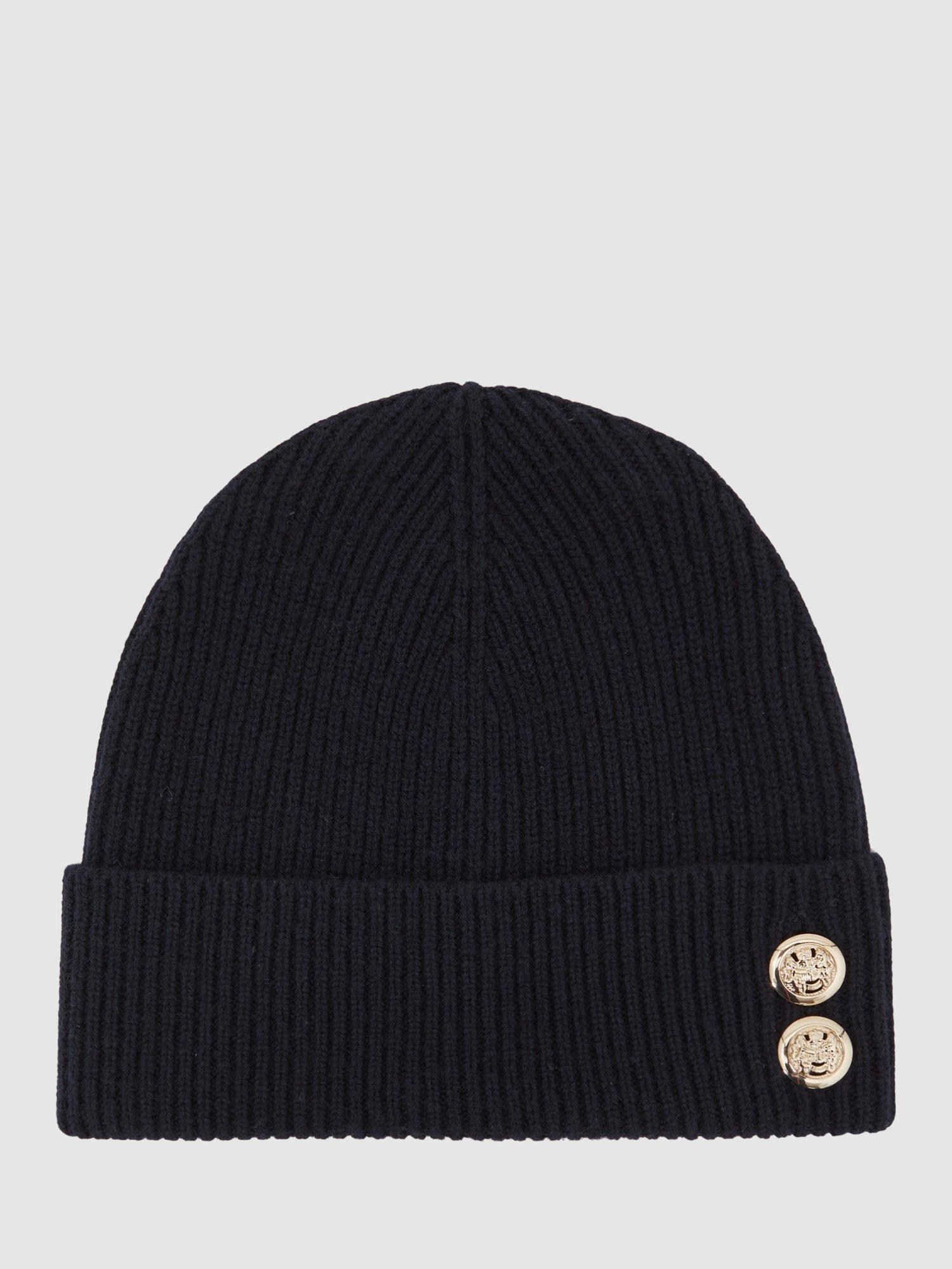 Product image 1 of 3, which shows Reiss Bianca Button Detail Wool Blend Beanie Hat, Navy, One Size