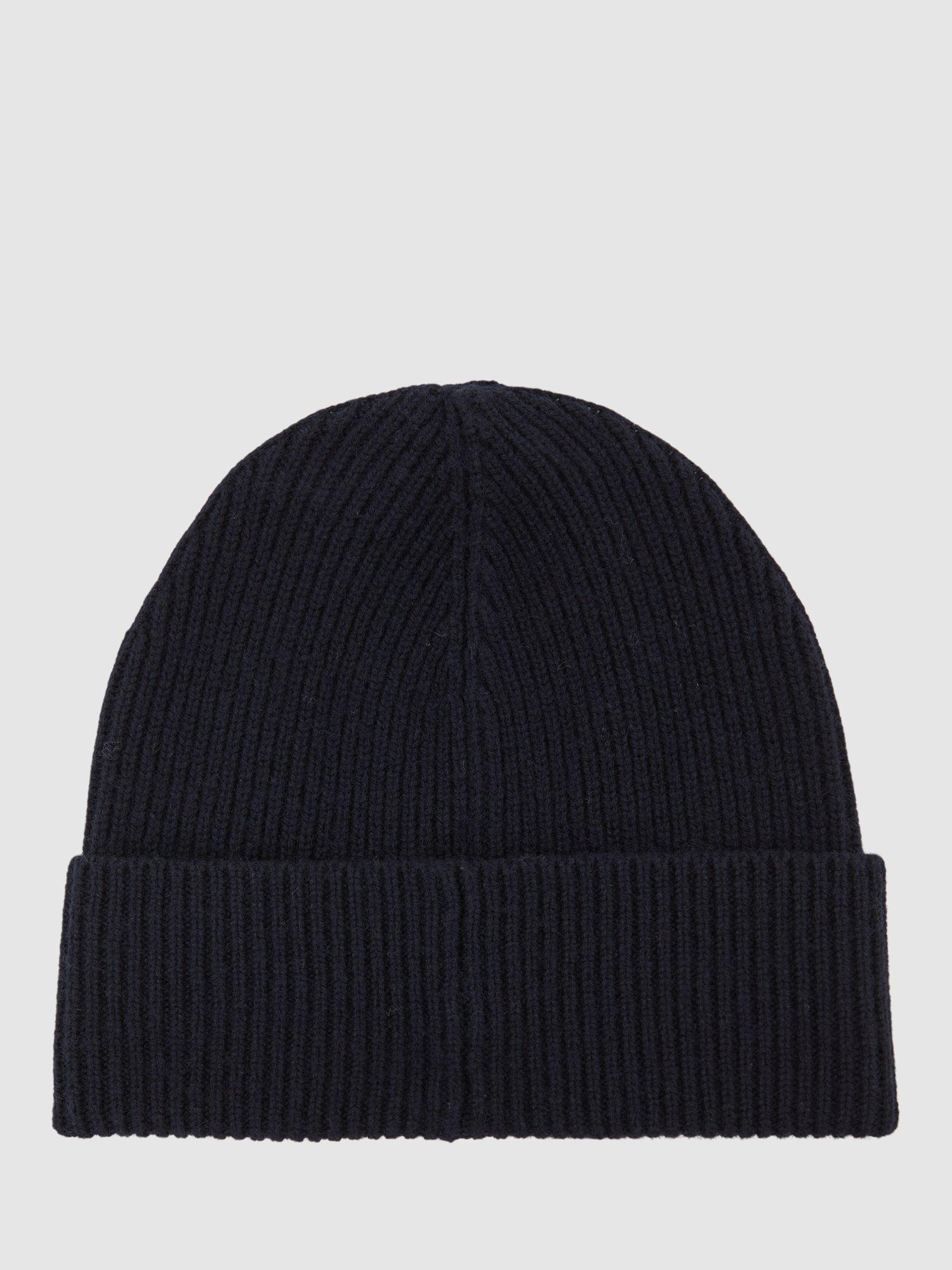 Product image 2 of 3, which shows Reiss Bianca Button Detail Wool Blend Beanie Hat, Navy, One Size