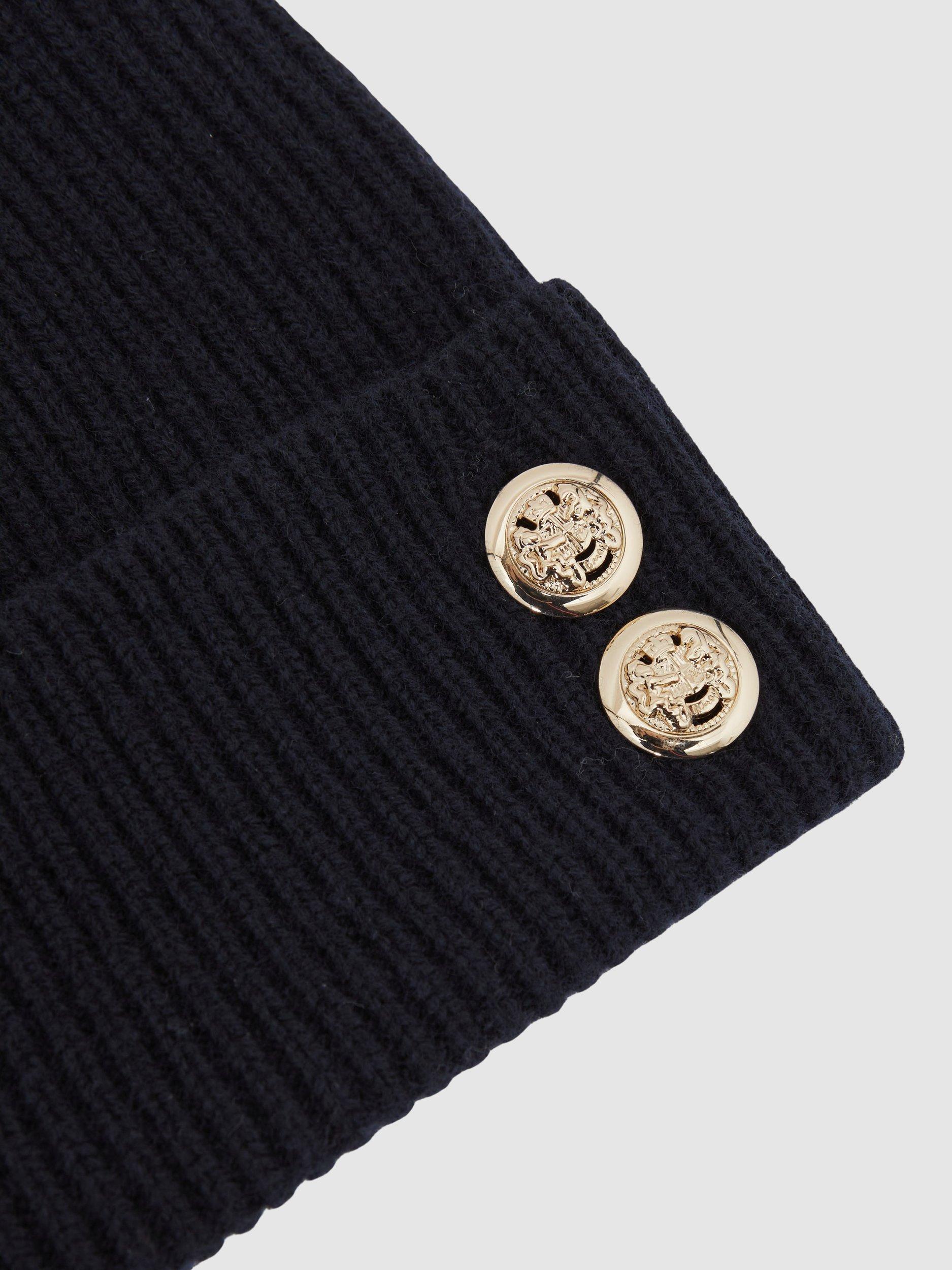 Product image 3 of 3, which shows Reiss Bianca Button Detail Wool Blend Beanie Hat, Navy, One Size