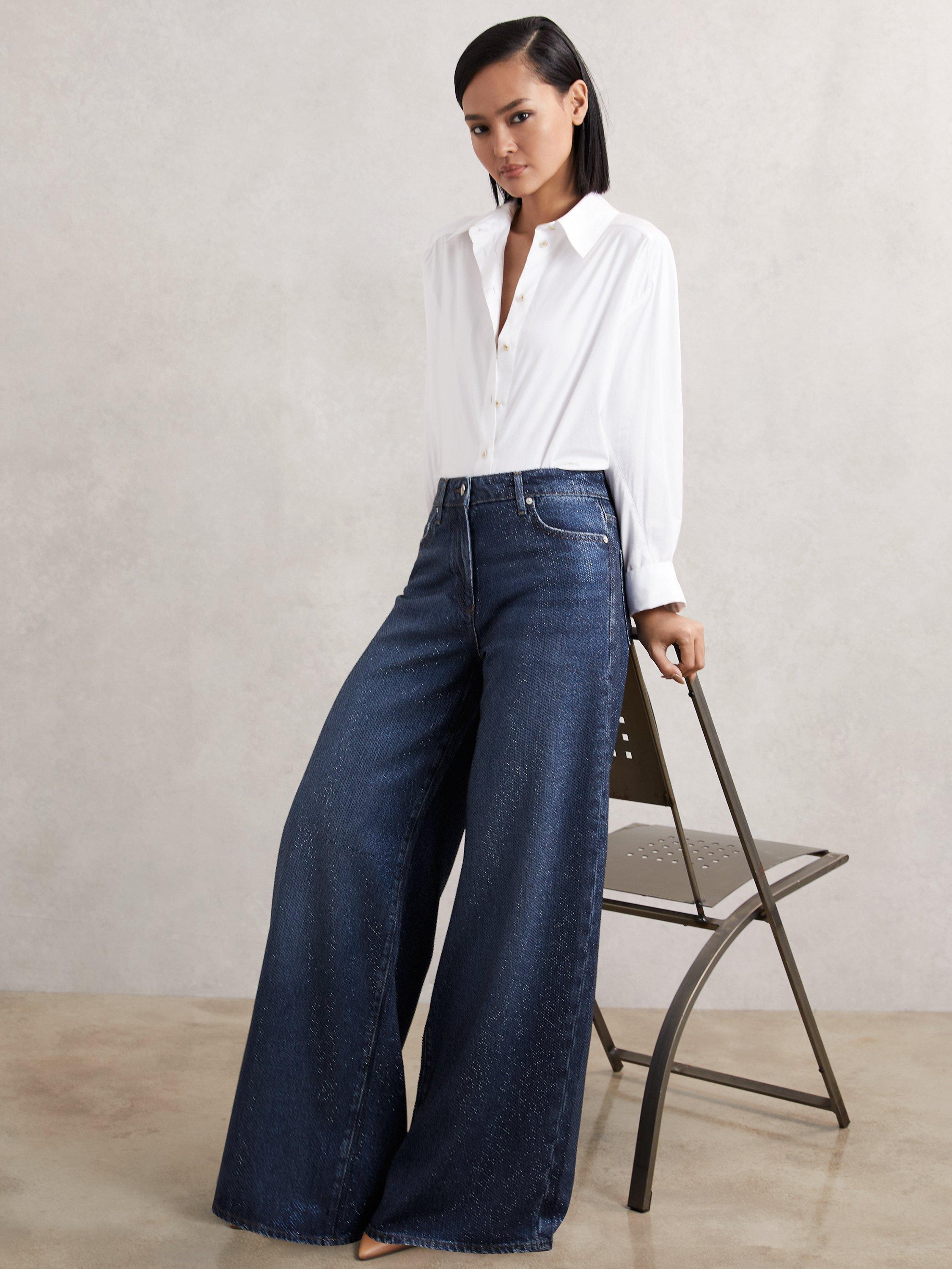 Product image 1 of 5, which shows Reiss Mimi Wide Leg Jeans, Dark Blue, 26R