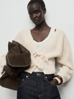 Mango Carmina V-Neck Bow Front Cardigan, Light Beige, Light Beige