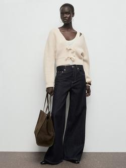 Mango Carmina V-Neck Bow Front Cardigan, Light Beige - view 2, Light Beige