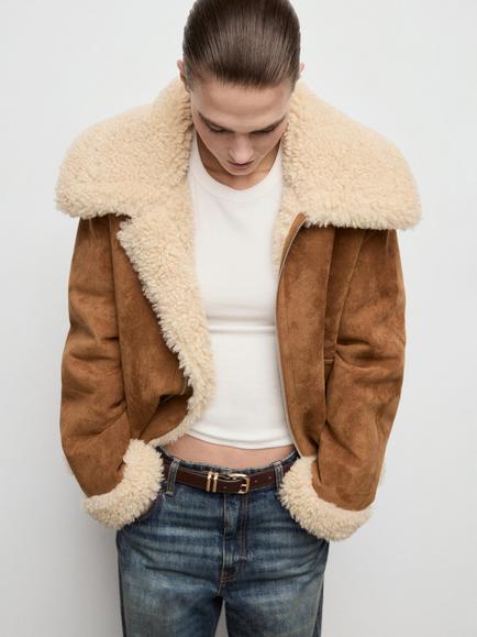 Mango Adriana Shearling Effect Collar Faux Suede Jacket, Brown, Brown