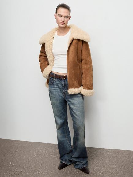 Mango Adriana Shearling Effect Collar Faux Suede Jacket, Brown - view 2, Brown