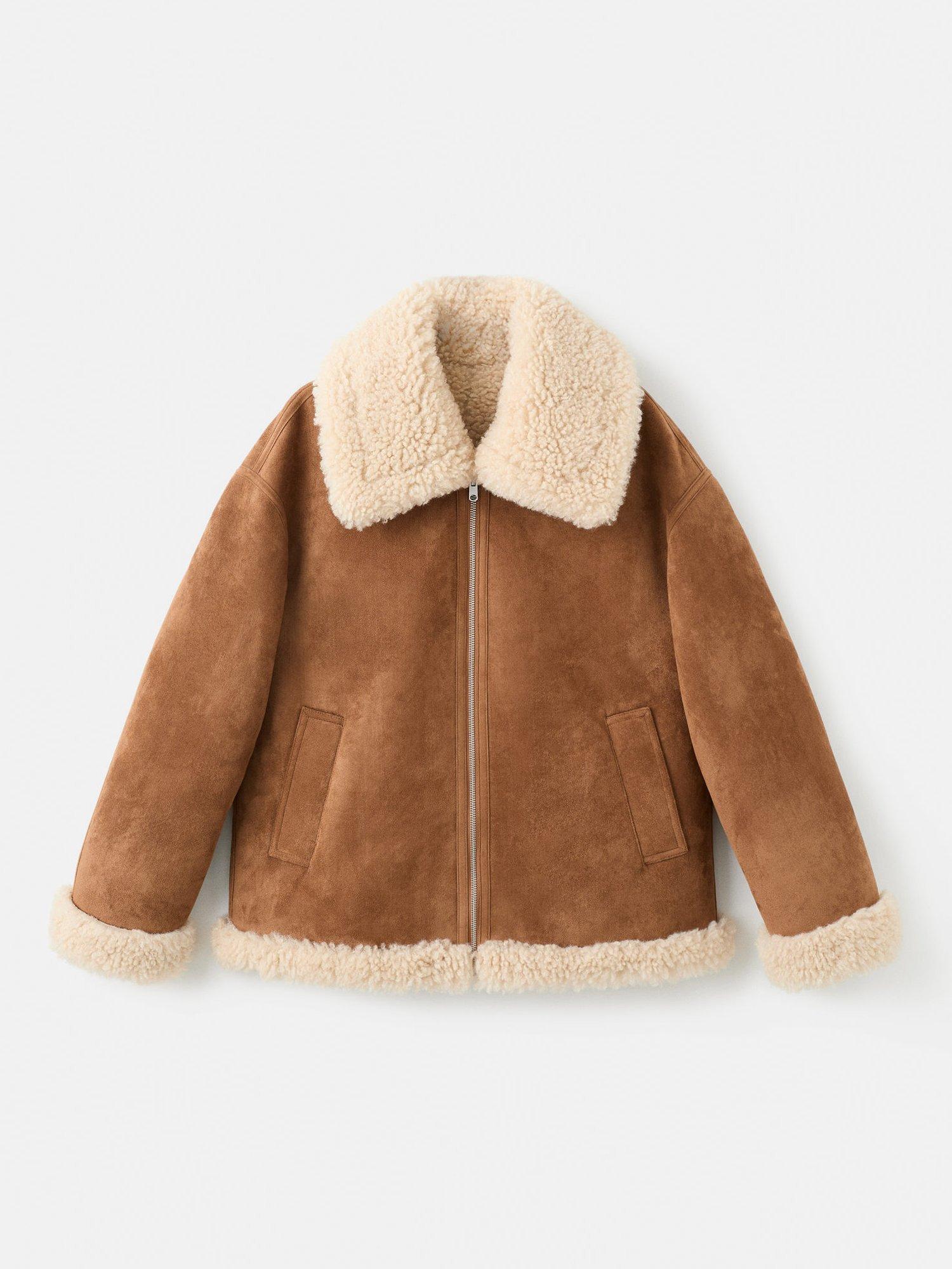 Product image 3 of 8, which shows Mango Adriana Shearling Effect Collar Faux Suede Jacket, Brown, L